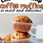 coffee muffins in stack with text overlay.