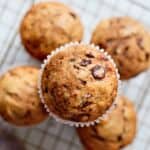 closeup of mocha muffin in stack on rack.