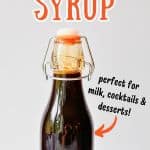 carafe of homemade coffee syrup with text overlay.
