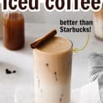 apple crisp macchiato in tall glass with text homemade caramel apple iced coffee.