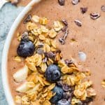 closeup of mocha smoothie bowl with text easy coffee smoothie bowl.