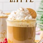 hot coffee in mug with text hot gingerbread latte.