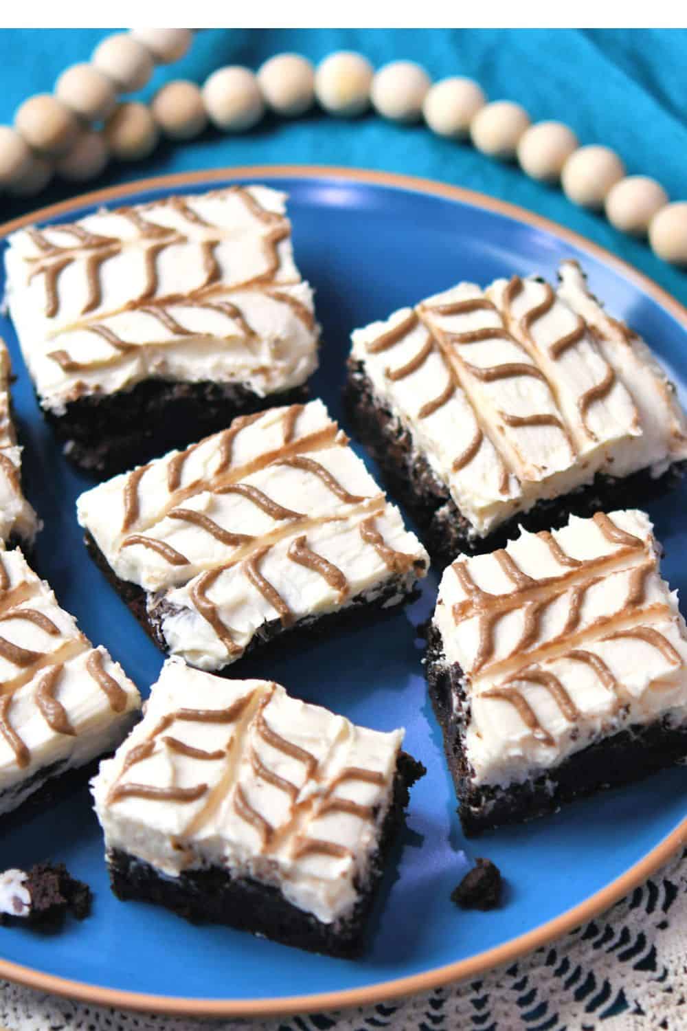 cappuccino brownies on blue plate.