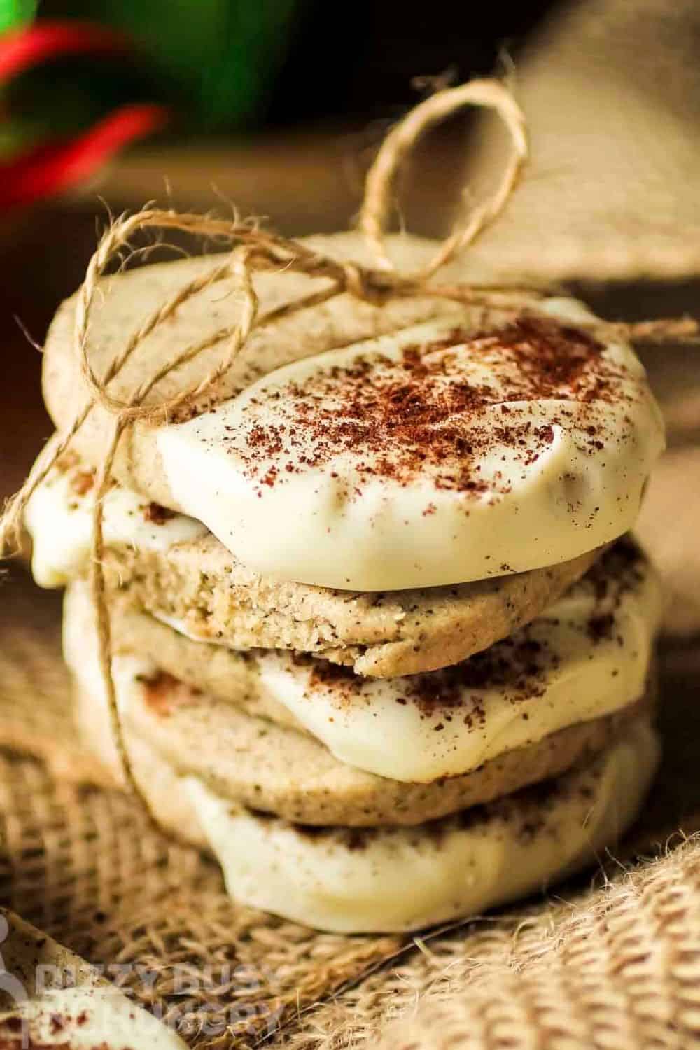 coffee flavored shortbread cookies stacked and tied with string.