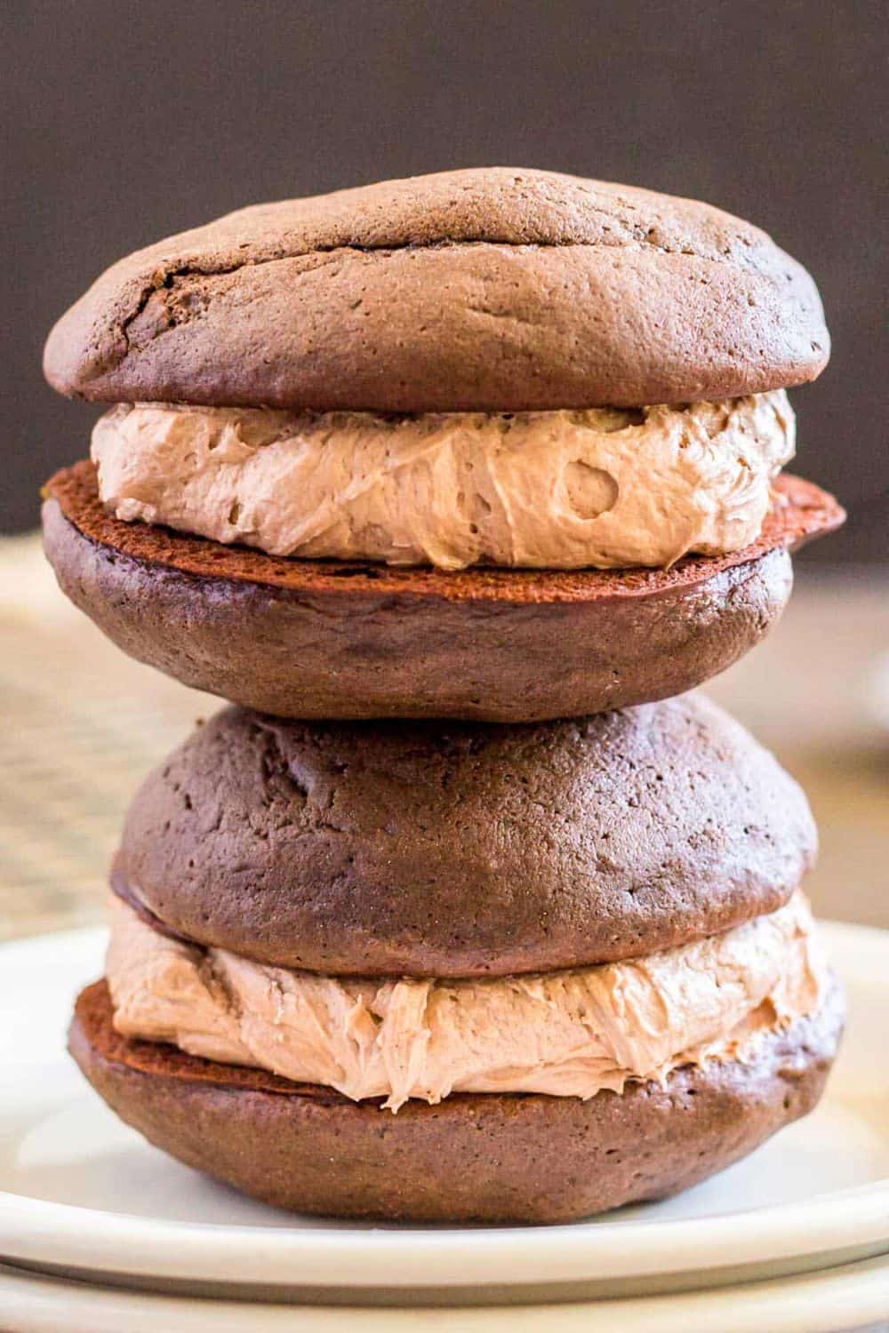 mocha whoopie pies stacked.