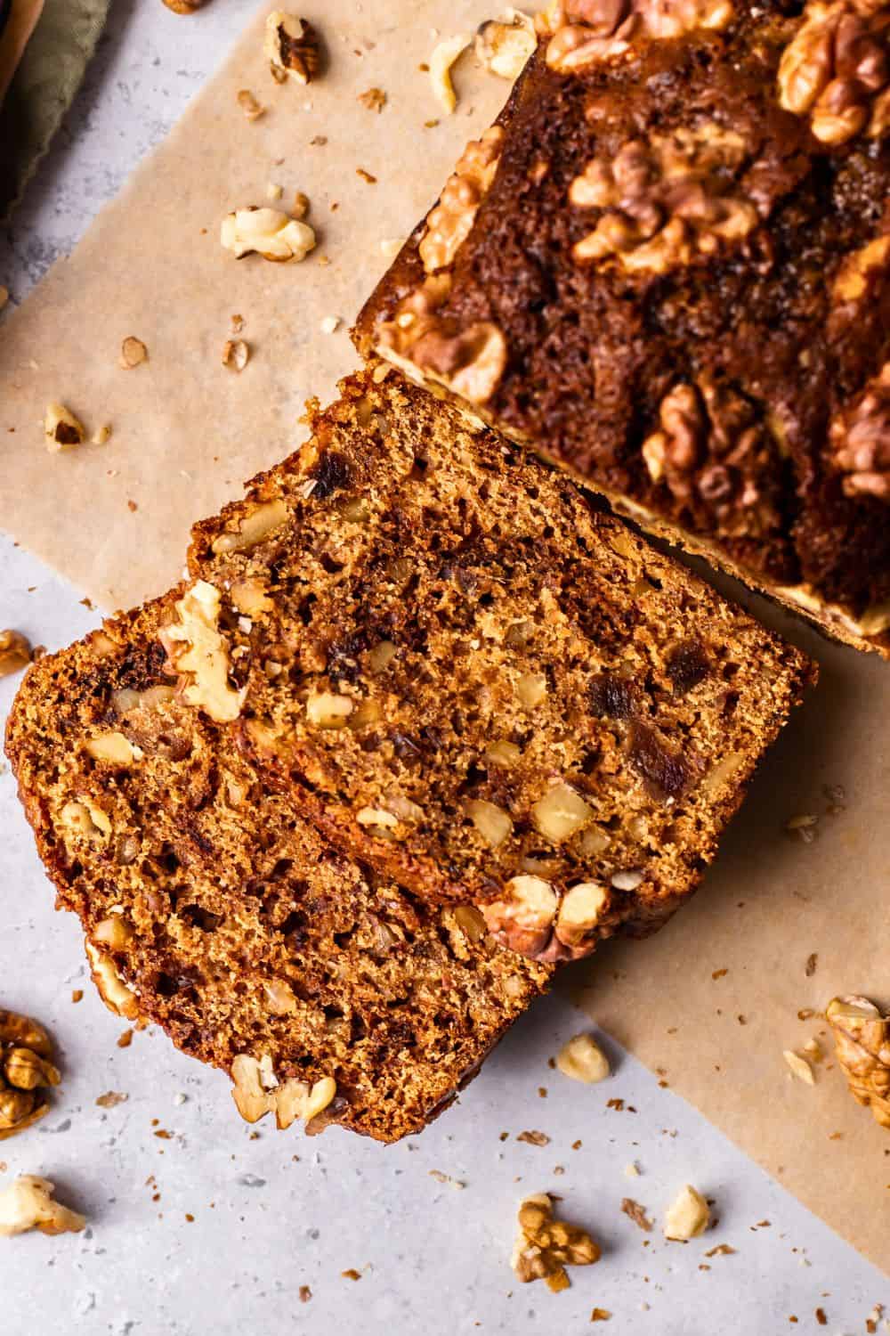 coffee and walnut loaf cake sliced.