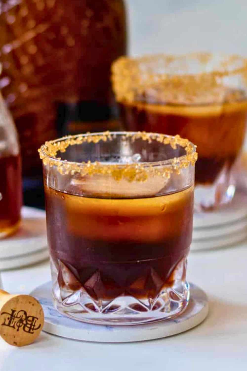 coffee and bourbon cocktail in tumbler.