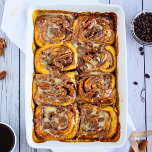 coffee cinnamon rolls in dish.
