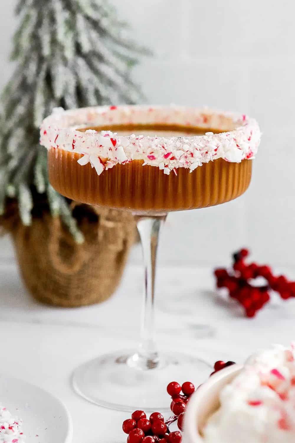 peppermint mocha christmas martini in pretty glass.
