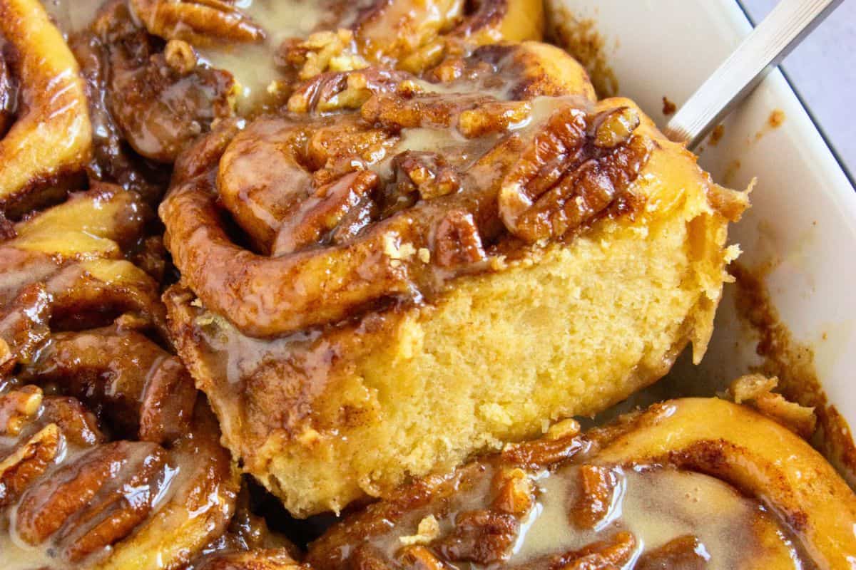 upgraded pillsbury cinnamon roll lifted from dish.