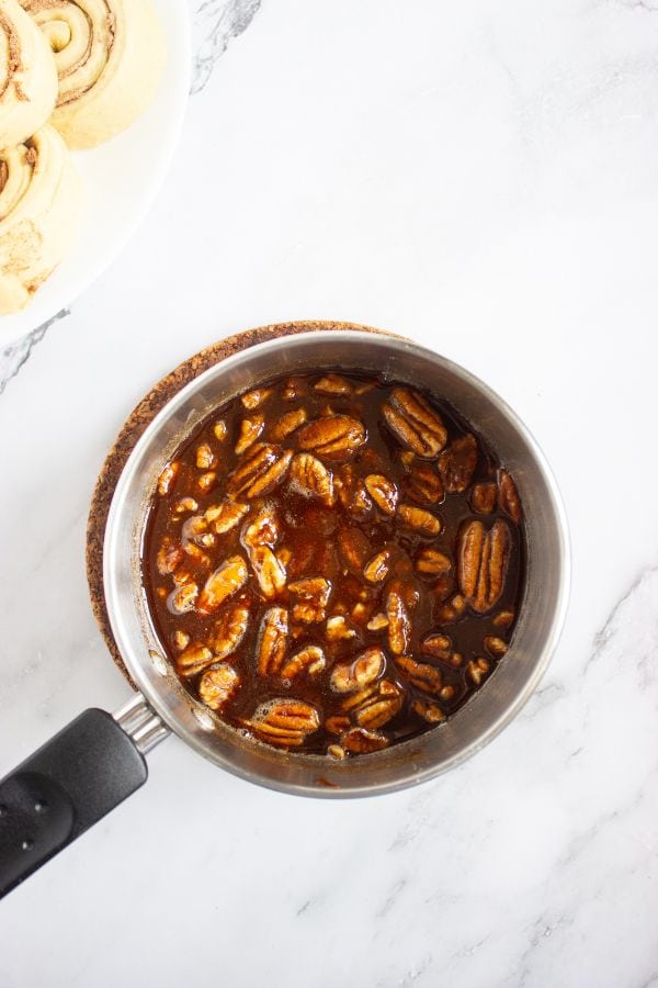 sweet pecan sugar mixture in saucepan.