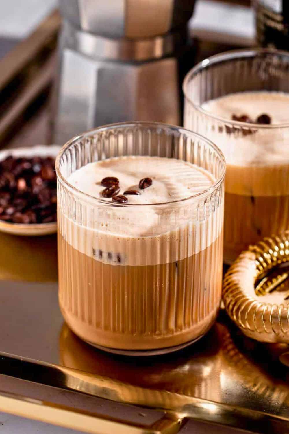 vodka coffee mixed drink in tumbler.