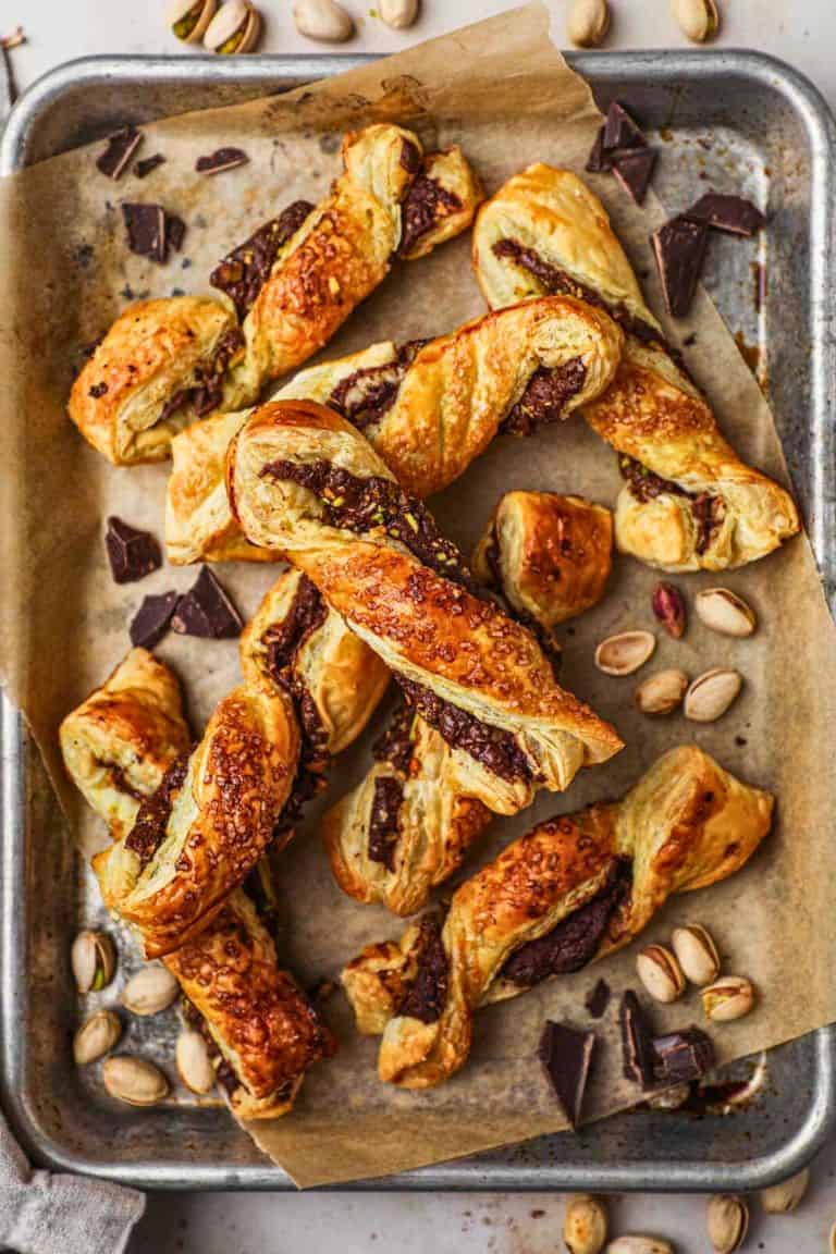 nutella pistachio pastry twists in tray.