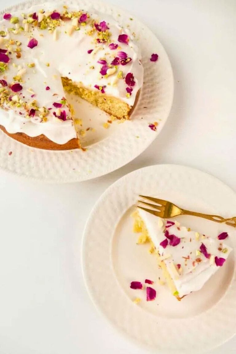 persian love cake and slice on plate.
