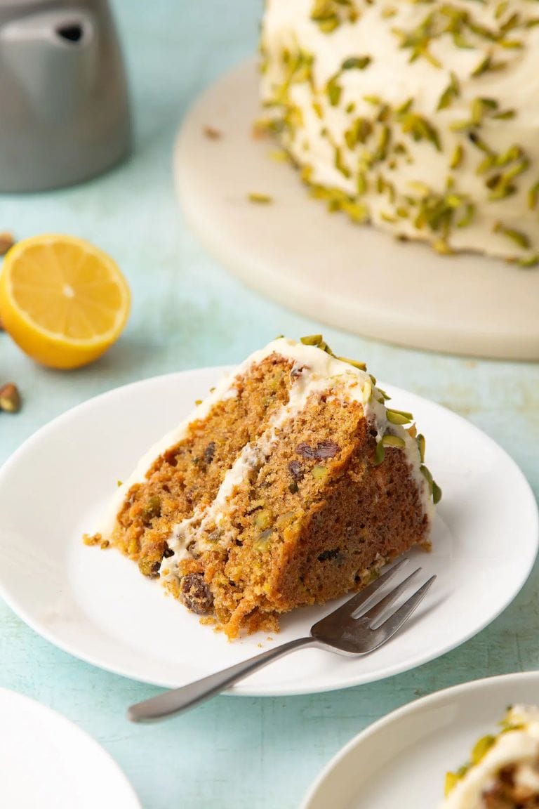 slice of pistachio carrot cake.