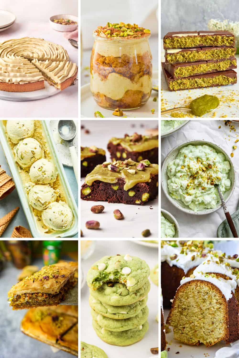 collage of pistachio dessert ideas.