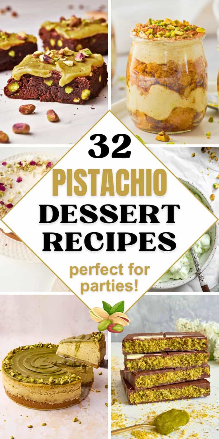 collage of pistachio desserts with text.