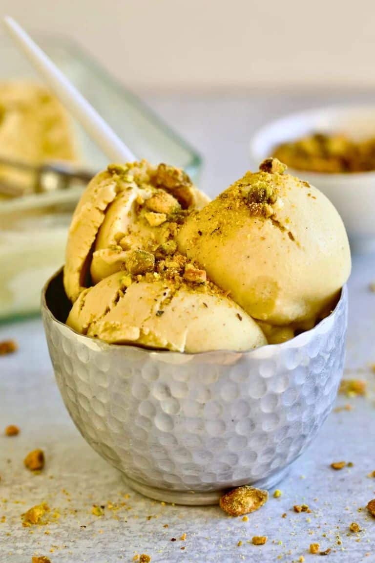 scoops of pistachio gelato in bowl.