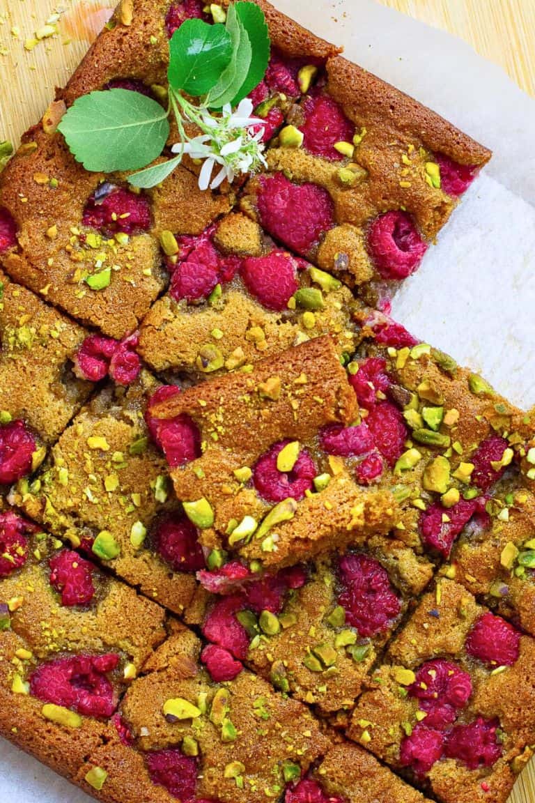 raspberry pistachio bars top view.