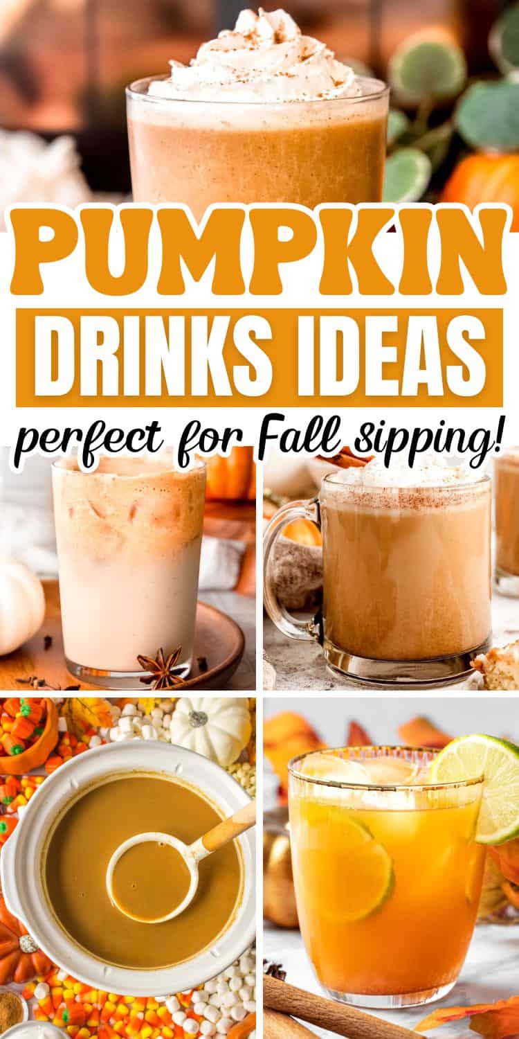 collage of fall pumpkin drinks with text overlay.