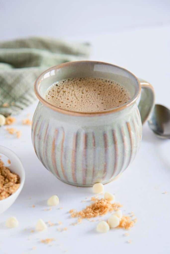 brown sugar white chocolate latte in mug.