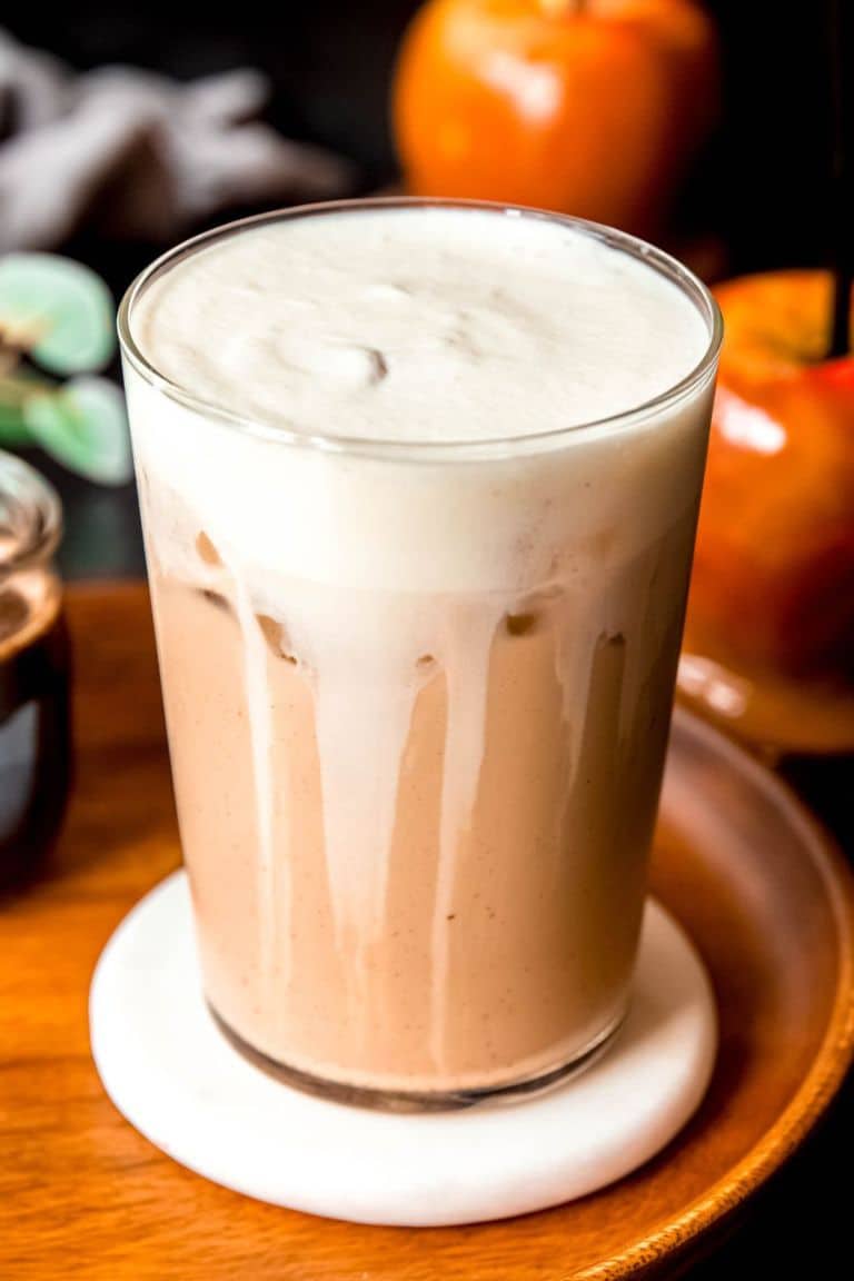 caramel apple cream latte in glass.