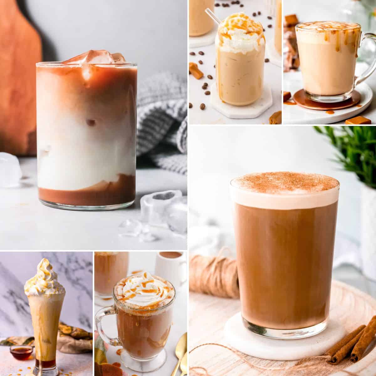 collage of caramel coffee drinks.