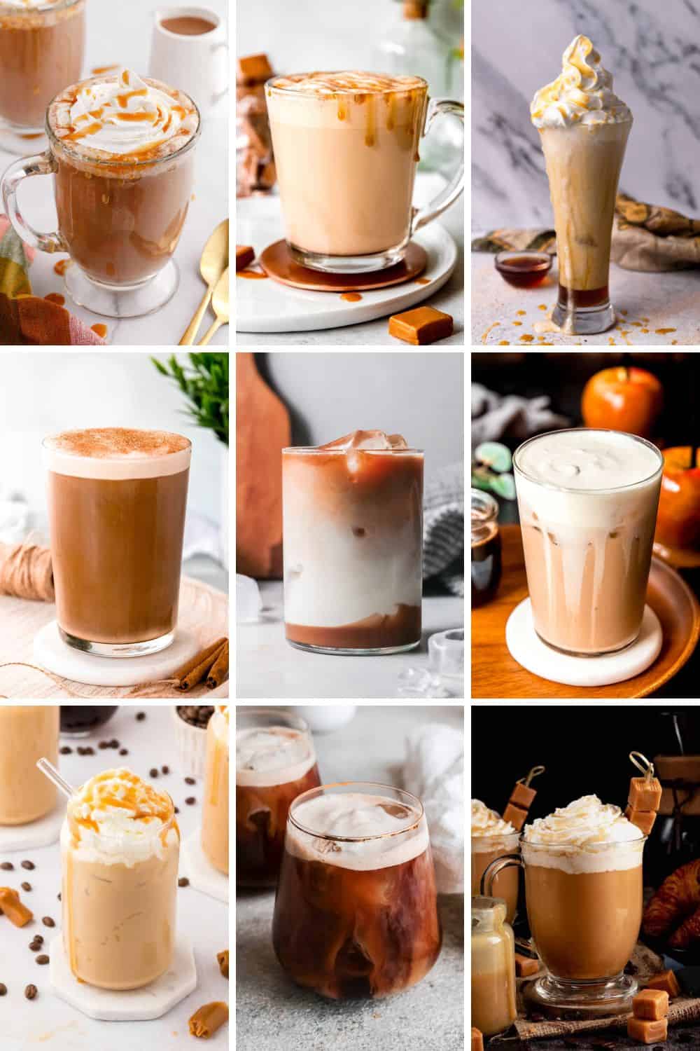 collage of caramel coffee recipe ideas.