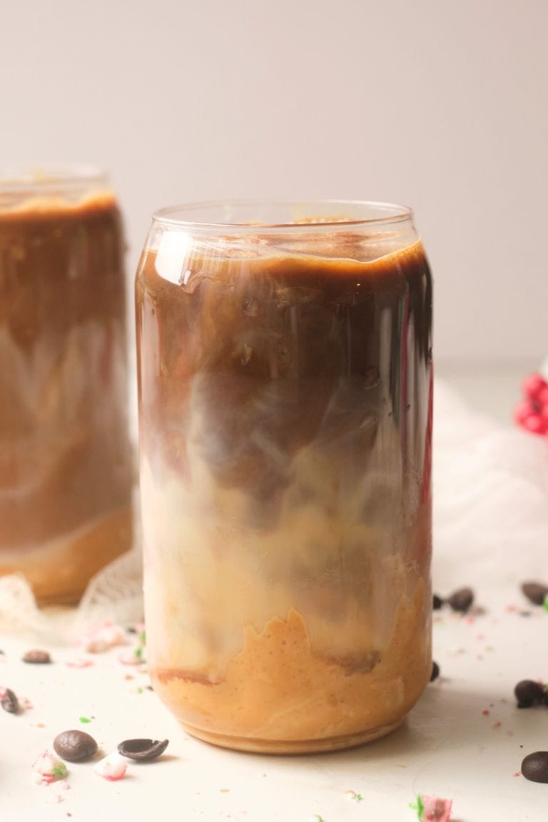 caramel iced coffee with coffee ice cubes.
