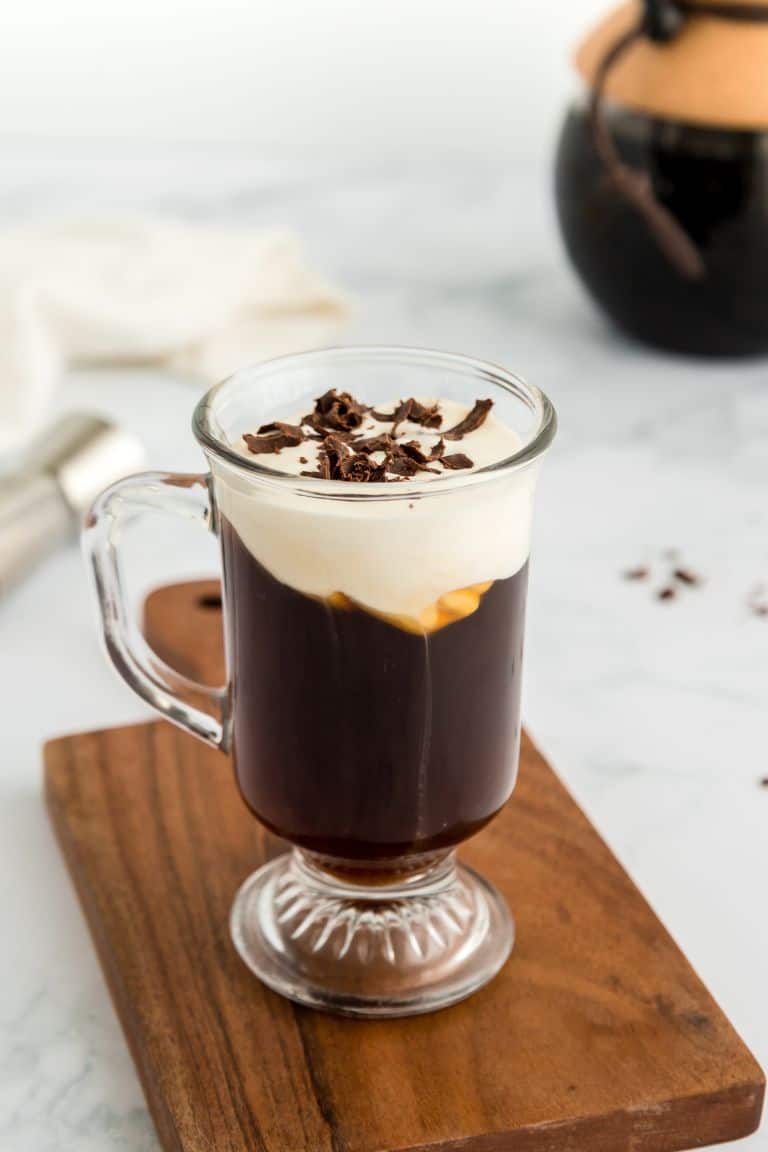 irish coffee in glass mug.