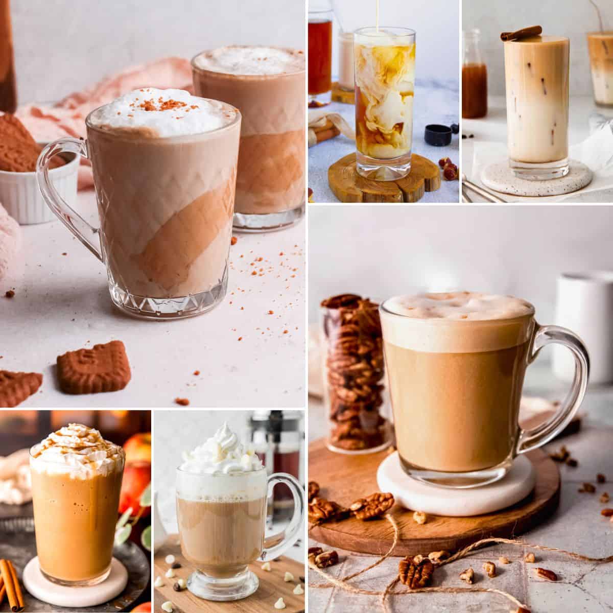 collage of fall coffee drinks.