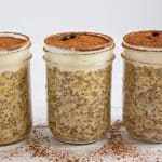 healthy tiramisu overnight oats in jars lined up.