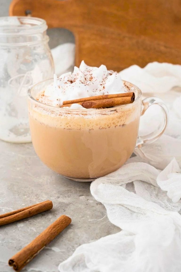 cinnamon dolce latte topped with whipped cream.