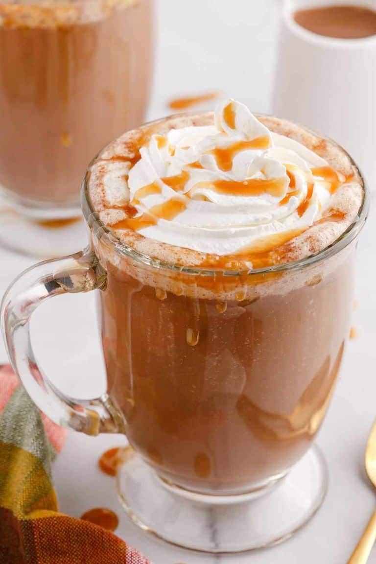 hot caramel mocha coffee topped with whipped cream.