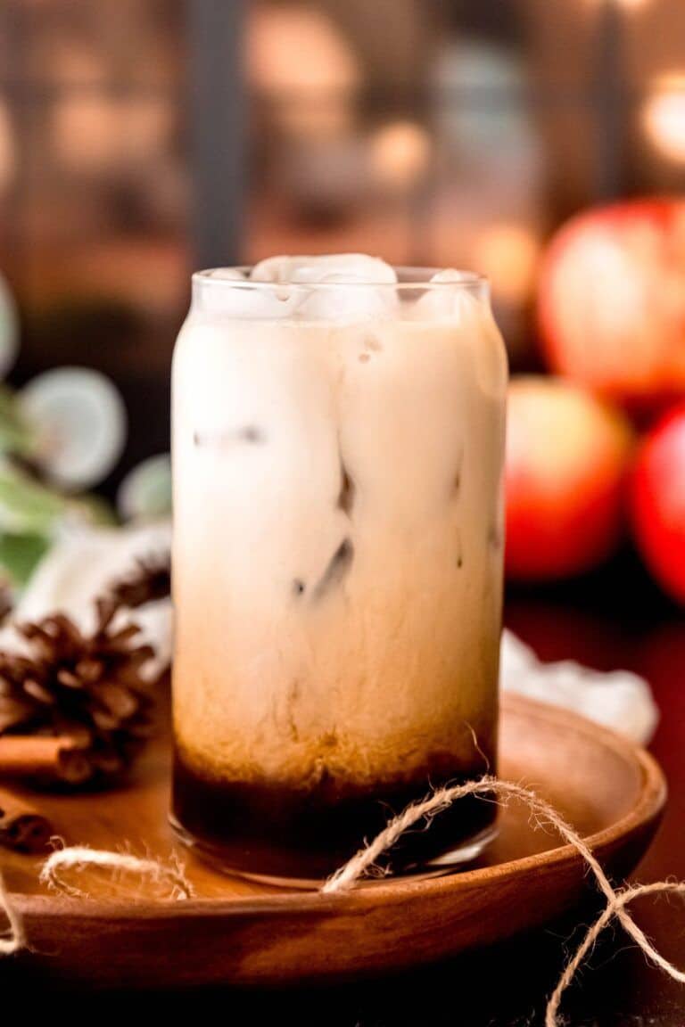 iced apple crisp shaken espresso in glass with ice.