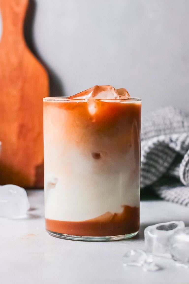 iced caramel macchiato in glass.