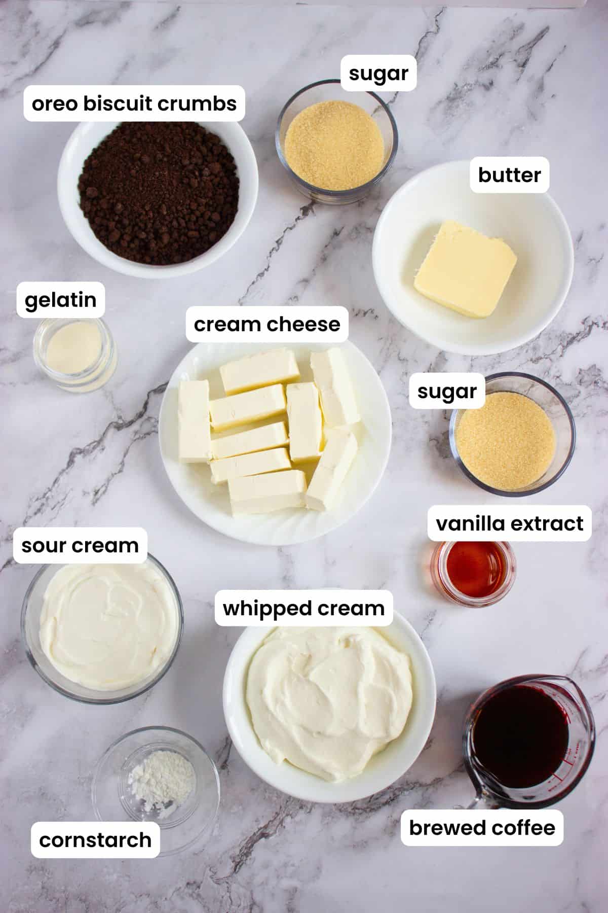 mini coffee cheesecake ingredients labelled.