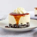 mini coffee cheesecake on plate.