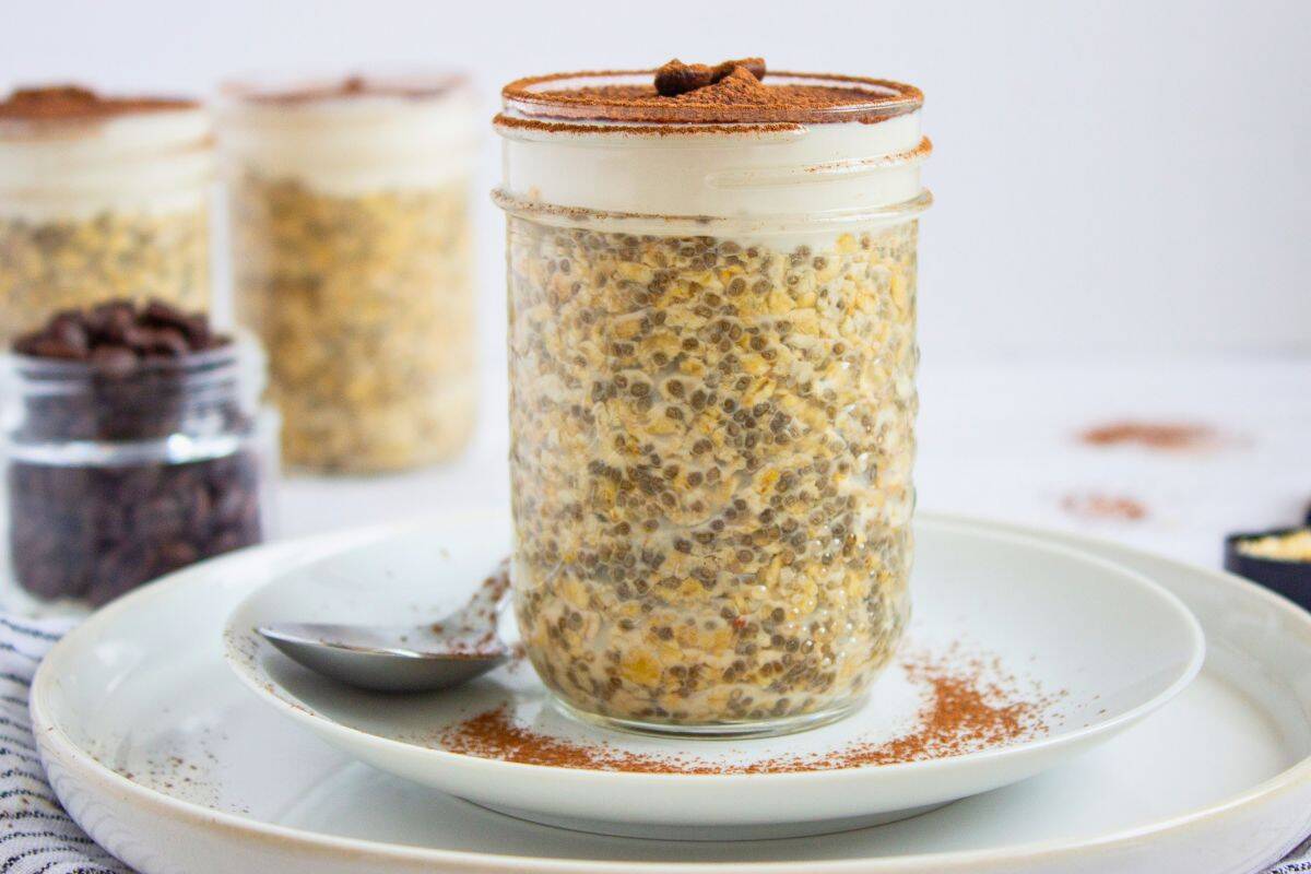 overnight oats tiramisu flavor in jar.