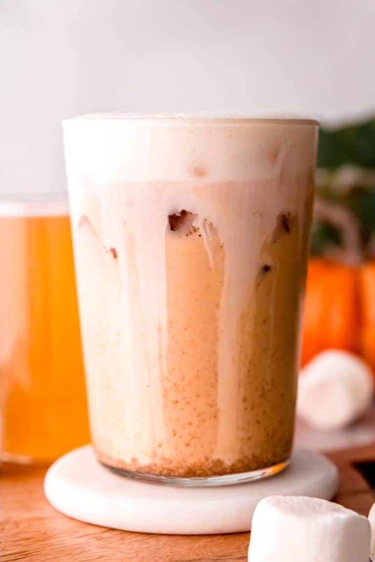 pumpkin marshmallow coffee in glass.