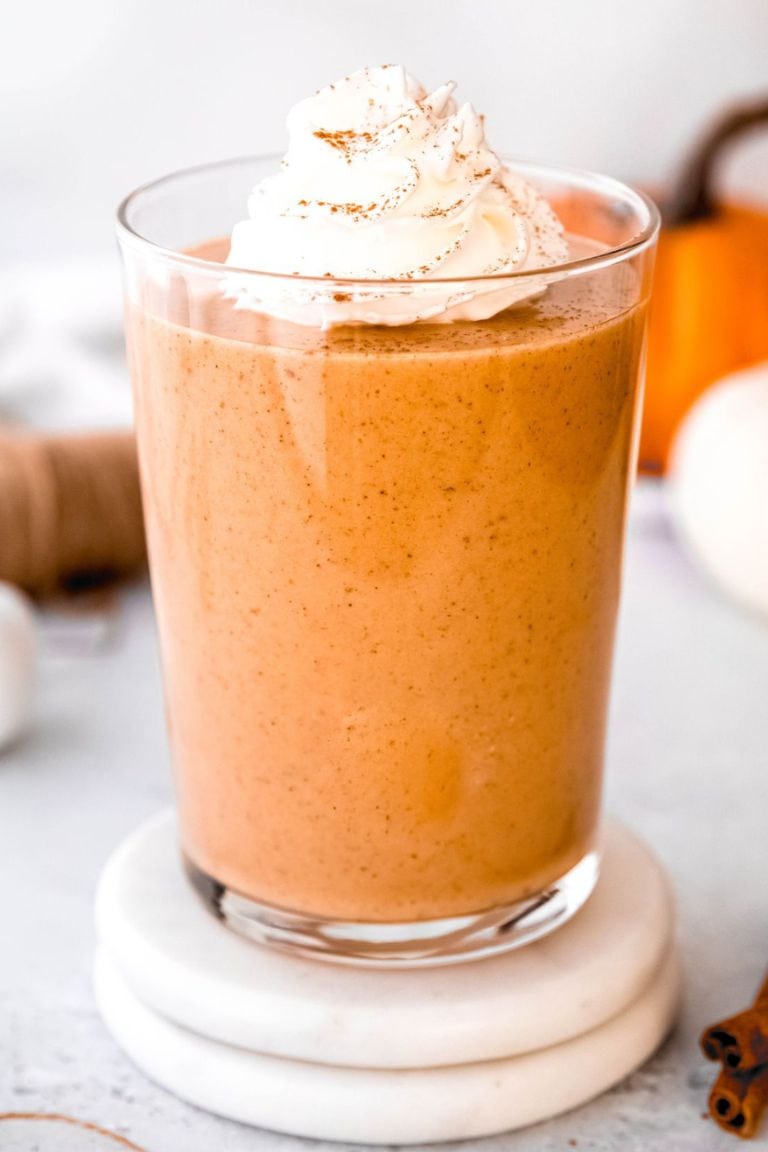 pumpkin protein shake in glass.