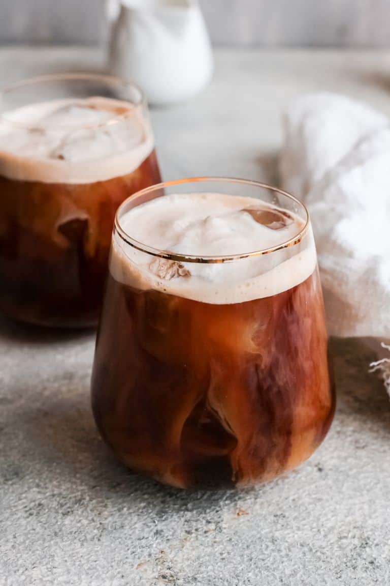 salted caramel cold brew coffee in glass.