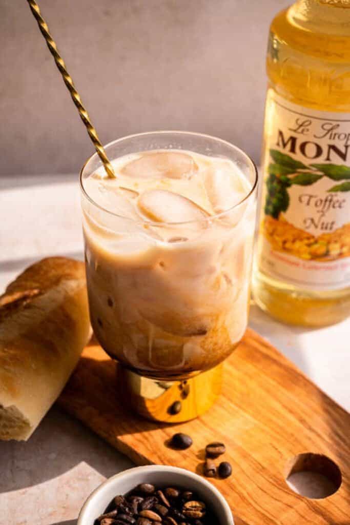 iced toffee nut latte in glass.