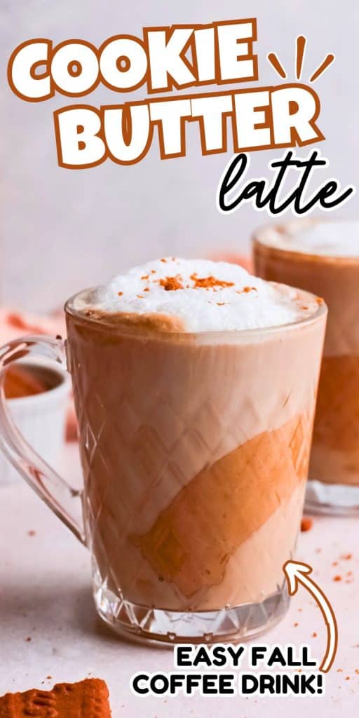 biscoff latte in glass mug.