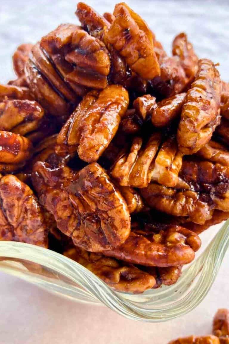 candied pecans in bowl.