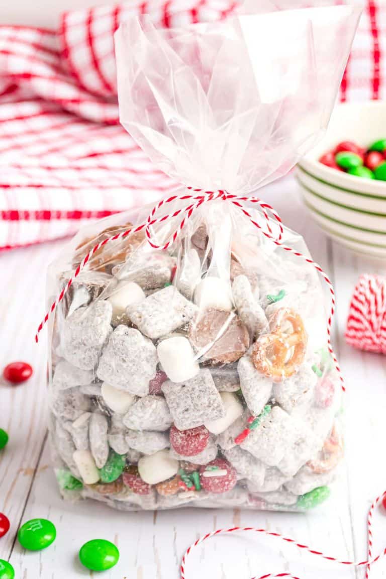 christmas chex mix in cellophane gift bag.