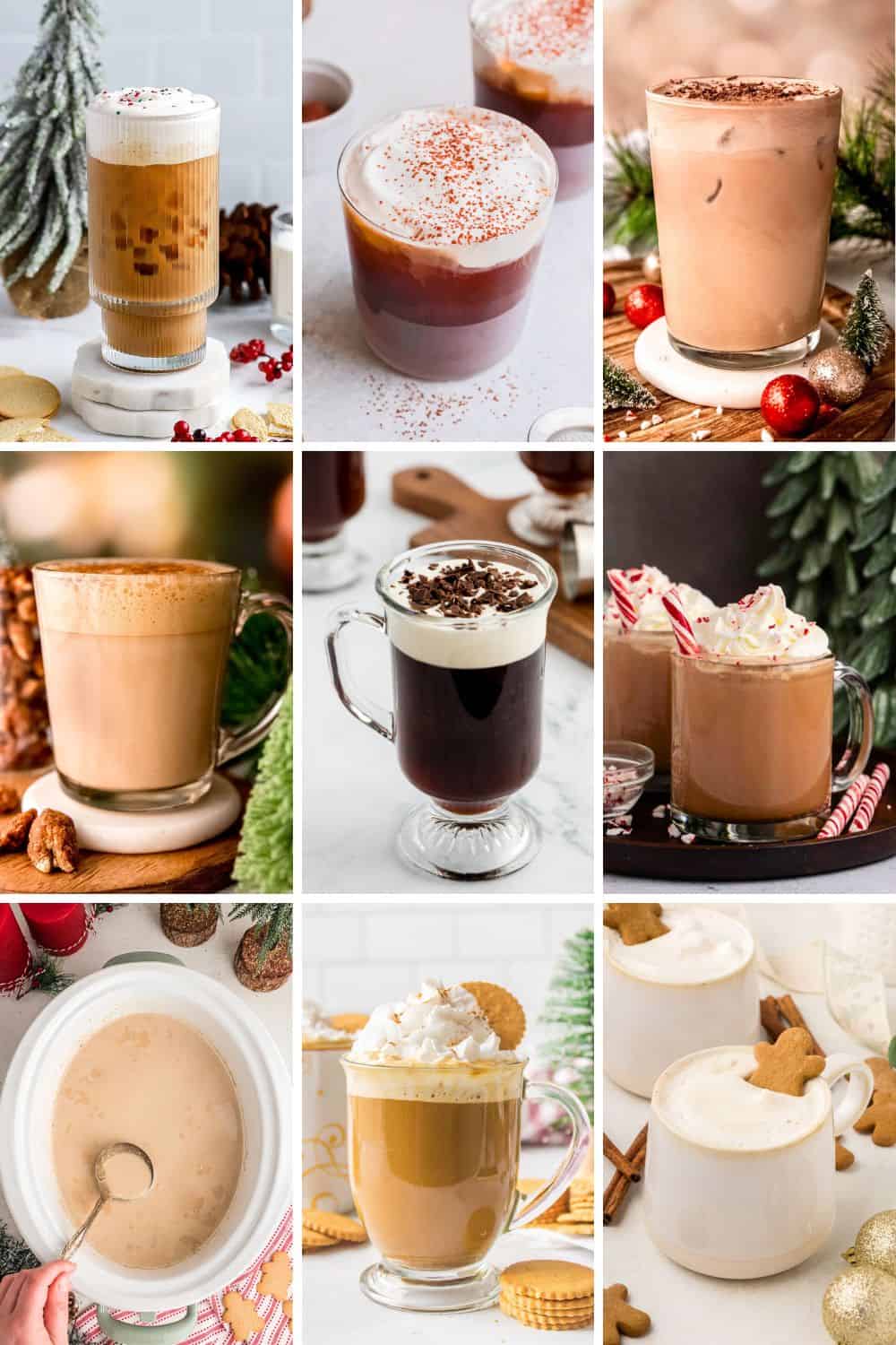 collage of cold and hot christmas coffee drinks ideas.