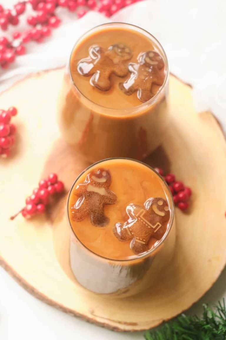 iced coffee with christmas ice cubes in glass.