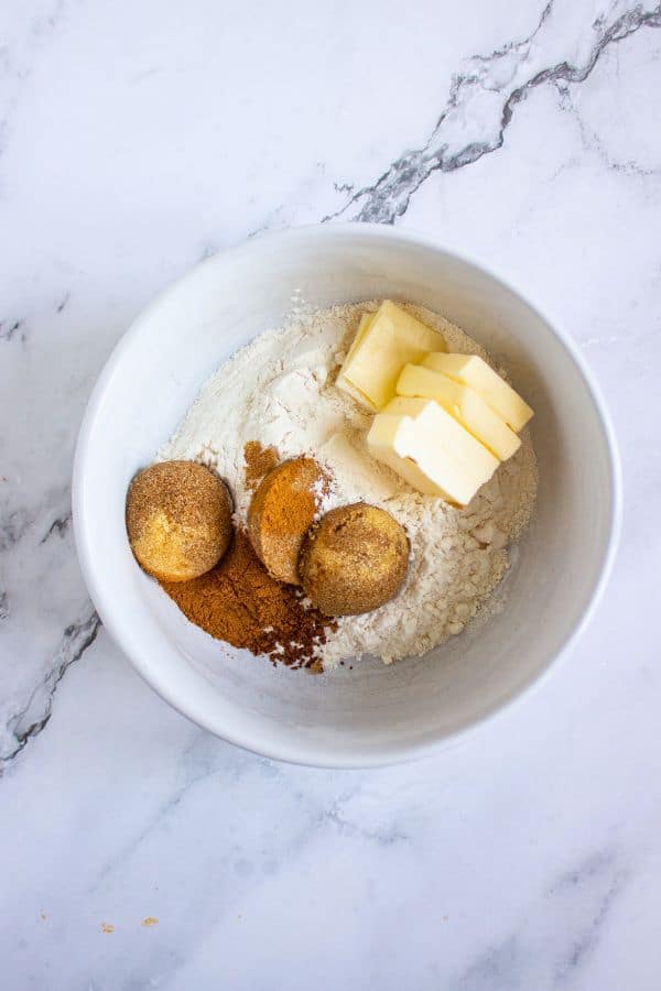 cookie crumble topping ingredients in bowl.
