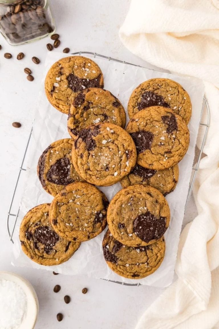 dark chocolate coffee cookies on wire rack.
